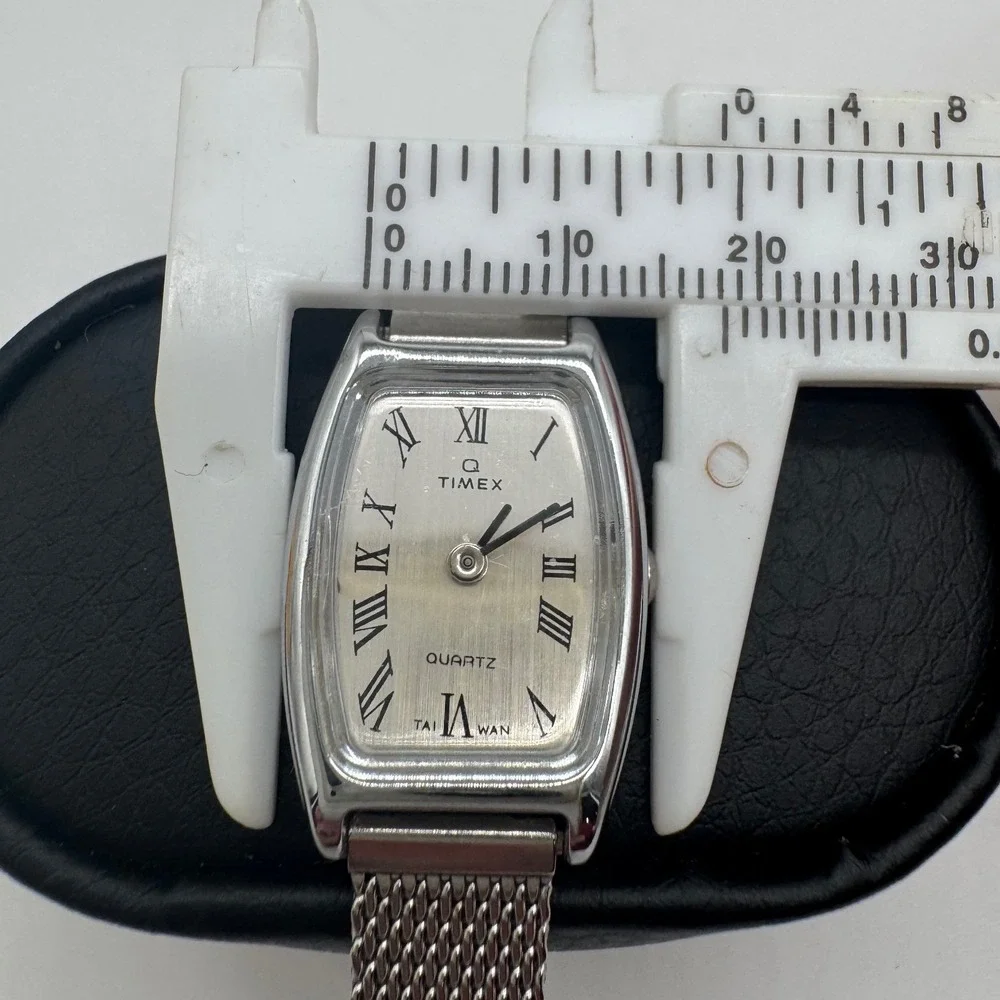 Vintage Q Timex Women Silver Tone Tonneau Roman Numeral Mesh Band Watch need bat
